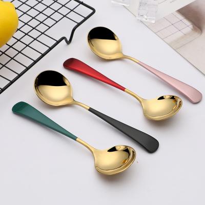 China Viable 304 Stainless Steel Fashion Round Colored Spoon Handle Korean Style Spoon Can Be Custom LOGO for sale