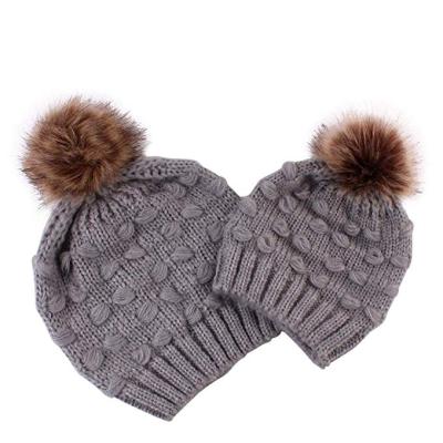 China COMMON Parent Child Winter Knitted Beanies Mom Baby Faux Fur Pompom Hat for sale