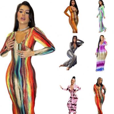 China Ladies Casual Dresses Sale Tie Striped Dye Anti-static Hot Elegant V-neck Long Sleeve Deep Sleeve Print Long Bodycon Dress for sale