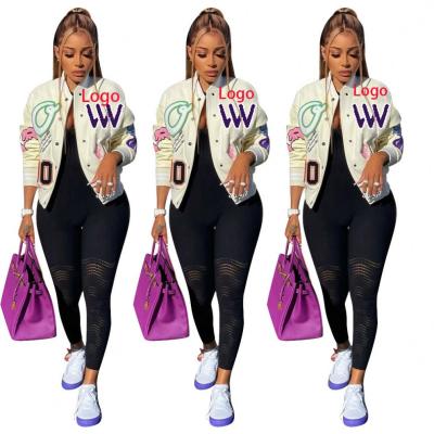 China Anti-wrinkle 2021 fashionable women coated women to color block push buttons letters printed double layer baseball thread jacket for sale