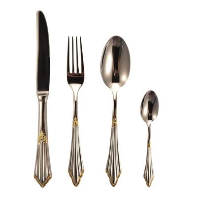 China Stocked Unique High End Luxury Vintage Gold Club Wedding 18/10 Stainless Steel Flatware Silverware Set Bulk for sale