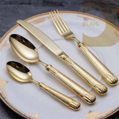 China Stocked Stainless Steel Dinnerware Spoon And Fork 24k Gold Luxury Flat Dinnerware for sale