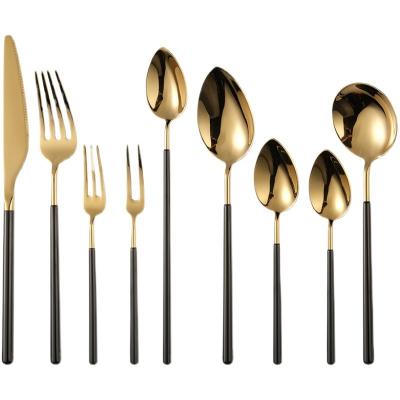 China Stocked 4 pcs set high end ss 304 gold and black restaurant dinnerware silverware set cuttlery set stainless steel cutlery modern luxury for sale