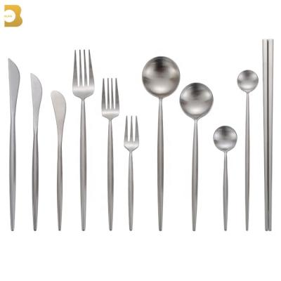 China Home Decoration Stocked Brushed Western Tableware Matte Silver 72 Pieces Stainless Steel Cutlery Set for sale