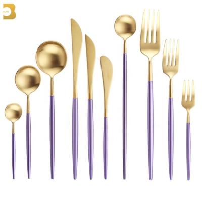 China Stocked Nordic Style Purple Tableware Brushed Portuguese Cutlery Set Stainless Steel 24pcs for sale