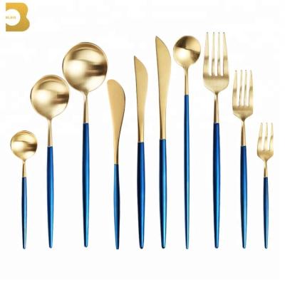 China Royalty Style Wedding Dinnerware Flatware Set Blue and Gold Stocked Luxury Stainless Steel Cutlery Set for sale