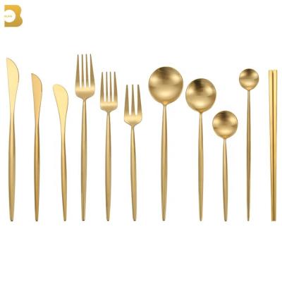 China Stocked Wholesale Canton Supplier Metal Gold Chopstick Portugal Stainless Steel Flatware Wedding Gold Flatware Set 18/10 Matte for sale