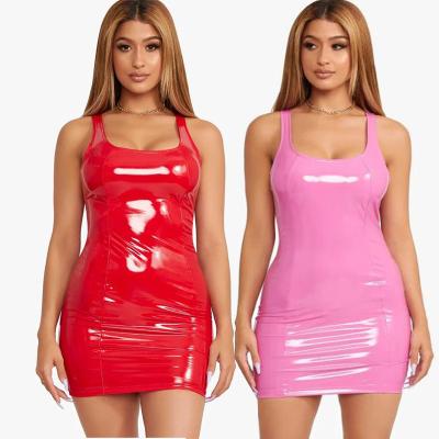 China Anti-static BR194 women color artificial leather dress high elastic zipper PU collar round skirts for sale