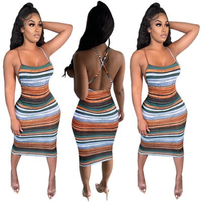 China BR1265 Summer Party Halter Neck Backless Colorful Bodycon Dress Anti-Static for sale