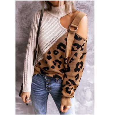 China BK132 Anti-wrinkle Autumn/Winter Leopard Print Turtle Neck Off Shoulder Sweater for sale