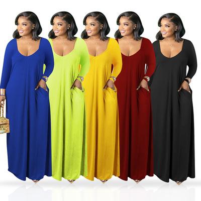 China BR1914 2021 Solid Color Long Sleeve Maxi Ladies Casual Elegant Round Anti-Static Women Dress for sale