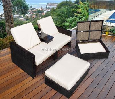 China New contemporary extended patio pool rattan double sofa and 2 storage stools outdoor lounge furniture for sale