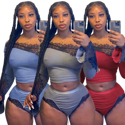 China 2022 QUICK DRY New Trendy 2 Piece Lace Patchwork Casual Off-Shoulder Set High Waist Sexy Long Sleeve Shorts Women Two Piece Set for sale