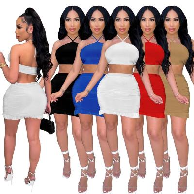 China QUICK DRY women casual solid color breast wrapped ruffle skirt 2022 summer set sexy top skirt 2 piece set for sale