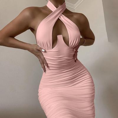 China 2022 new anti-static spring sexy hollow lace up sexy halterneck maxi dress women backless sleeveless party ladies long for sale