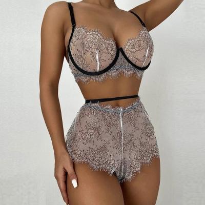 China Suppliers Sexy Private Label Lingere Sheer Flower Printed Embroidery Valentines Sexy Lingeries Deep V Lace Up Transparent Lingerie Women for sale