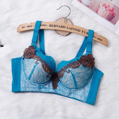 China Antibacterial Large Size Thin Section Gather Lace Deep Adjustable Side Comfort V Neckline Satin Sexy Bra for sale