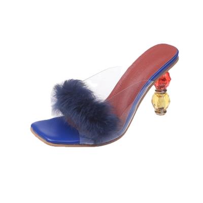 China Fashion Trend 2022 Wholes Price Square Toe Slipper Italian Women Slippers With Nice Feather Thin Heels Ladies Open Toe Open Heel Slippers for sale