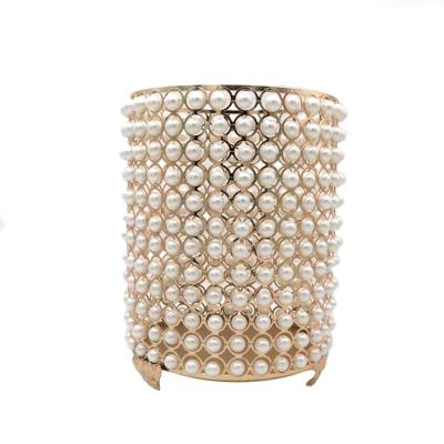 China Hot Sustainable Hotel Products Luxury Decorative Metal And Imitation Pearl Material Cylindrical Mini Trash Can for sale