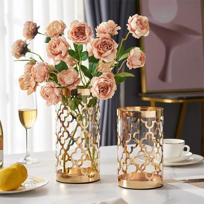 China Geometry Minimalist Style Modern Decorative Vase With Stand Geometric Bracket Metal Luxury Glass Vase for sale