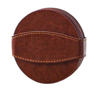 China Viable Custom Sublimation Brown Round Tea Coasters Set PU Thick Leather 6 Cup Bulk Leather Coaster For Drinks Custom for sale