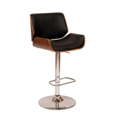 China Eco-Friendly London Metal Frame Walnut Veneer Swivel Bar Stool in Black Faux Leather and Chrome Finish for sale