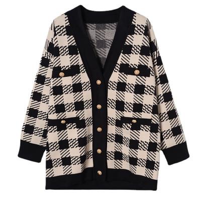 China New Autumn And Winter Women's Sweater Loose Knitted Check Sweater Casual Knitted Warm Cardigan Sweater for sale