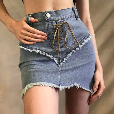 China New Breathable Washed And Worn Raw Edge Drawstring Lace Up Denim Skirt Hip Wrap Y2k Women'S Sexy Tight Clothing for sale