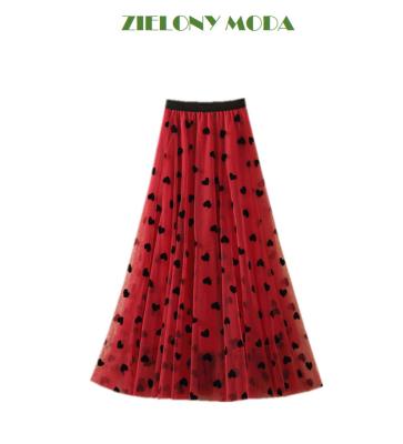 China Breathable love flocking women's spring high waist skirt long mid length dance skirt big swing skirt a-line yarn for sale