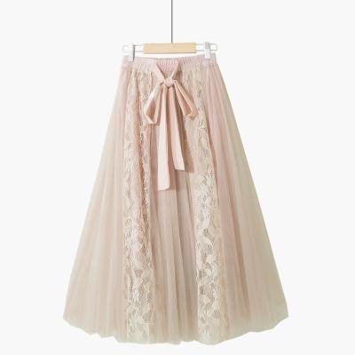 China Breathable Lace Stitched Bow Tie Medium Length Large Swing Umbrella Skirt Fairy One Line Women Dress Tulle Skirt for sale