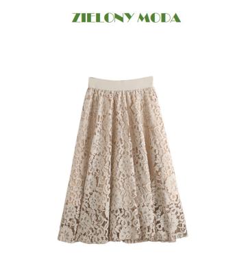 China Breathable Lace Skirt With Solid Color A Line Big Swing Long Hollow Out Floral Lace Skirt Soft Elegant Commuter Skirt for sale