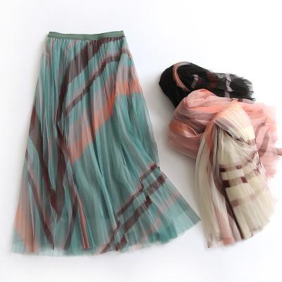 China Breathable striped elastic waist, cultivate its morality exhibition thin veil pleated skirt Han edition dress net skirts for sale