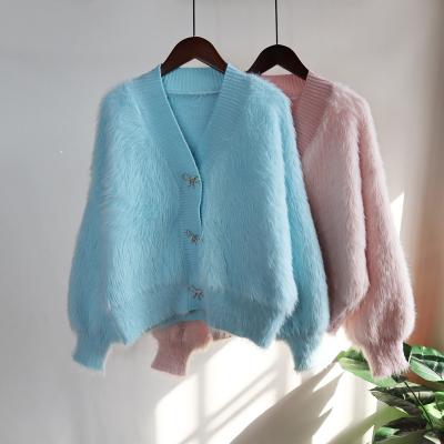 China ANIA Thickened Korean Faux Mink Fur Bow Breathable Fluffy Knitted Sweater Women's Loose And Soft Sweater Coat for sale