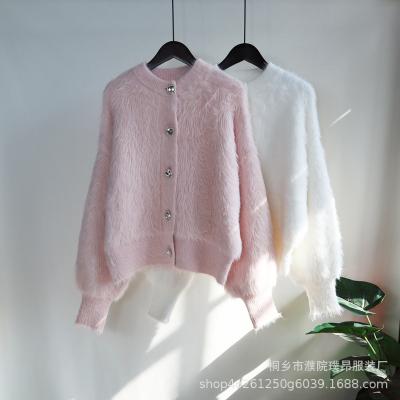 China ANIA Thickened Color Sweater Coat Fashion Rhinestone Button Faux Mink Fleece Breathable Soft Sheer Cardigan for sale