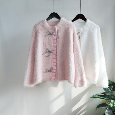 China ANIA New Style Breathable Soft Girl Bow Sweater Coat Fashion Faux Mink Fur Splicing Cardigan for sale