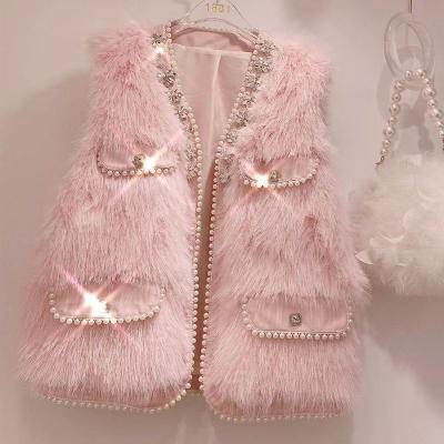 China New Style Winter ANIA Hairy Waistcoat Viable Women's Waistcoat Soft Pearl Stud Warm Loose Fur Coat Vest Trend Pink Coat for sale