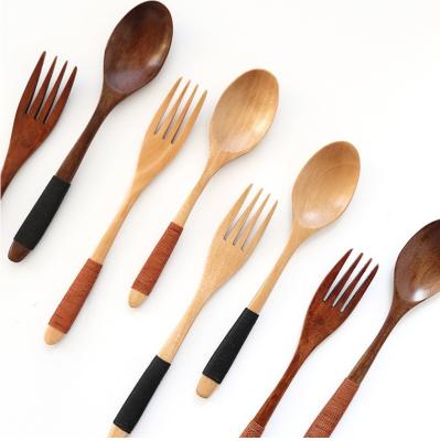 China Sustainable Wooden Flatware Wooden Fork and Spoon Chopsticks Reusable Tableware Cutlery Set Travel Utensils Tied Line Flatware for sale