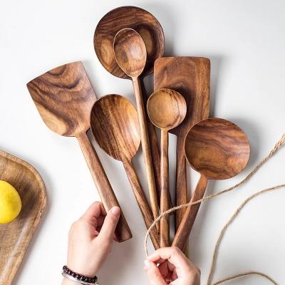 China Sustainable Eco Friendly Bamboo Teak Wooden Kitchen Spatula Spoon Cooking Tools Utensils Set With Utensils Holder for sale