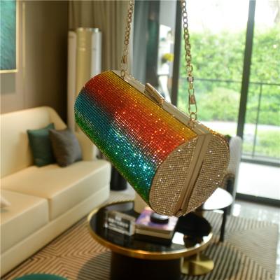 China Hot Women Rainbow Color Diamond Cylinder Wedding Bag High Quality Bling Luxury Evening Clutch Bag for sale