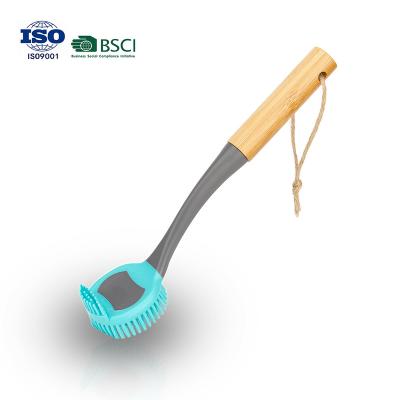 China Selling Viable Natural Wood Dish Round Silicone Tpr Polish Pan Brush Bamboo Handle Soft Head Pot Rubber Cleaning Brush for sale