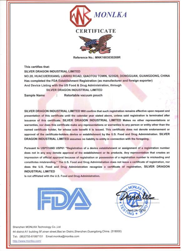 FDA Certificate for retortable vacuum pouch - SILVER DRAGON INDUSTRIAL LIMITED