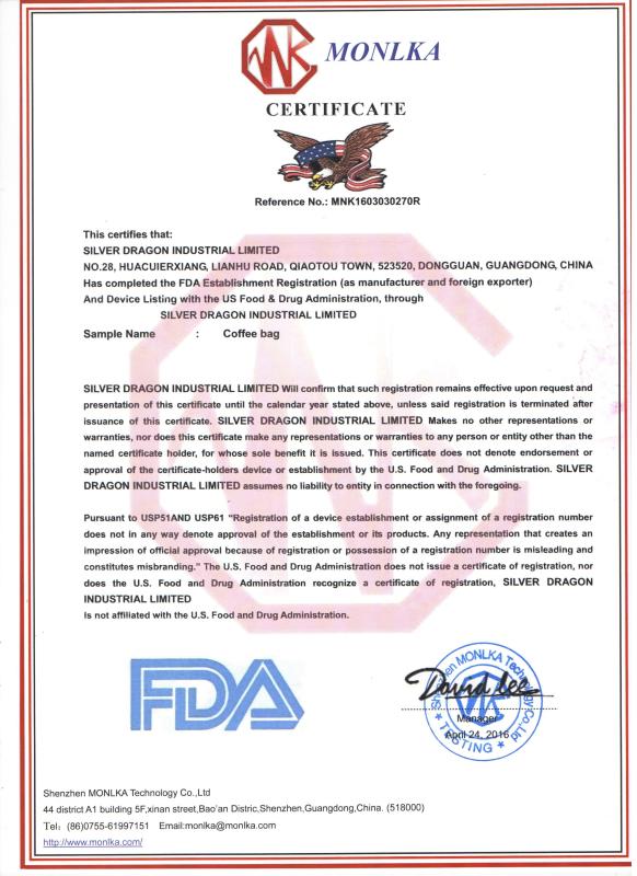 FDA Certificate for coffee bags - SILVER DRAGON INDUSTRIAL LIMITED