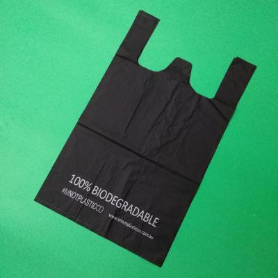 China 100% biodegradable and compostable Starch T-shirt bag, black color, size 0.025mm x (30+15)x50cm, withstand 5kg for sale