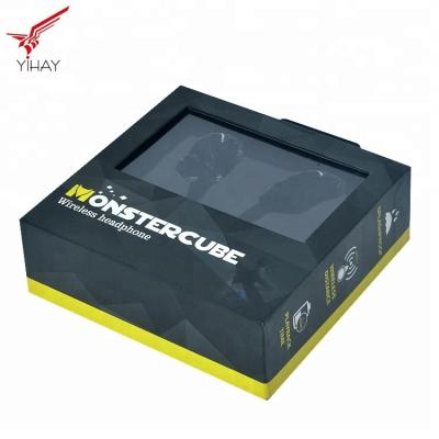 China Free sample Nice design matte black custom headphone packaging box with PVC window for sale