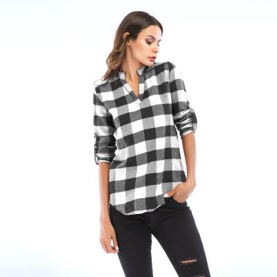 China LOW MOQ Wholesael hot sale long sleeve v neck women plaid shirt anti-pilling tops blouses and shirts for sale