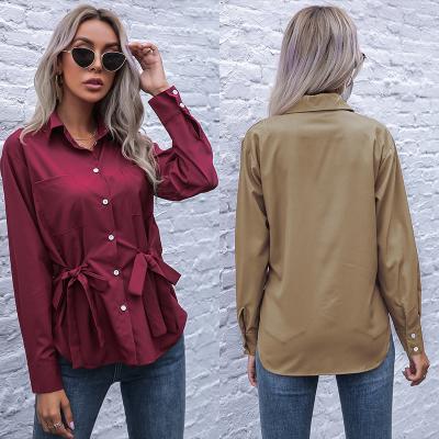 China Women's Anti-pilling Blouses Solid Color Turn Down Collar Long Sleeve Lace Up Ladies Shirt Blouses And Shirts for sale