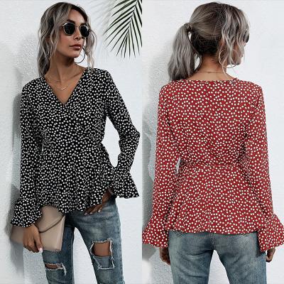 China Anti-pilling 2021 hot sale printing ladies tops female lantern sleeve V-neck blouses casual female shirts for sale