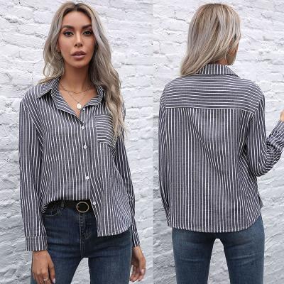 China 2020 New Anti-pilling Turn-down Collar Shirt Women Loose Blouses Stripes Polyester/Cotton Long Sleeves for sale