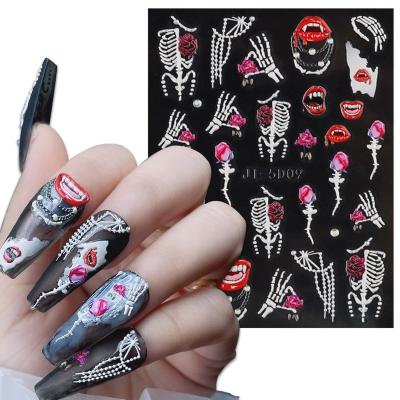 China Nail cosmetics 5D nail with European and American doll bone puppet horror Halloween style red lip relief sticker for sale