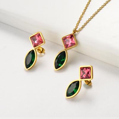 China CLASSIC BAOYAN Shape Jewelry CZ Crystal 18 Gold Plated Square Water Drop Stainless Steel Jewelry Sets for sale